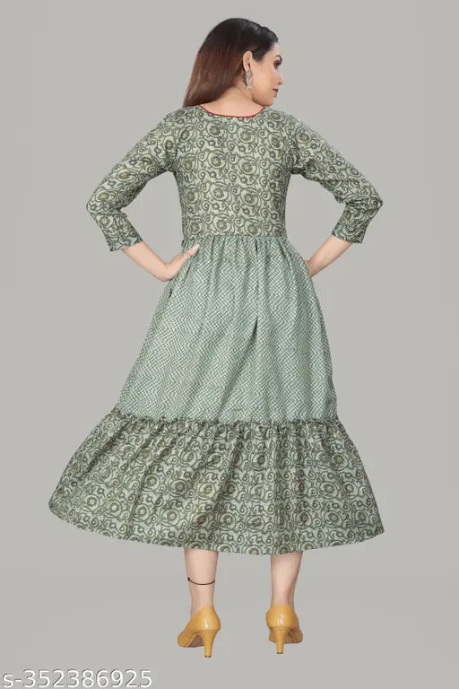 Cotton blend layered foil printed kurti gown, three-quarter sleeves, Indian fashion design