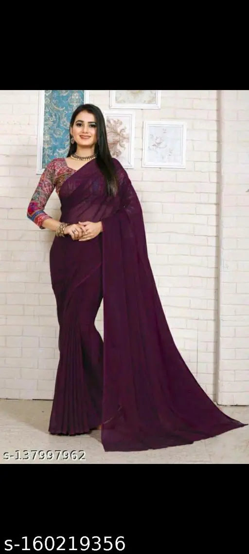 Indian Georgette saree with separate satin silk blouse, solid pattern on saree and printed net blouse