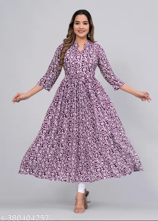 Rayon Sanganeri Print Anarkali Kurti, three-quarter sleeves, traditional Indian women's fashion