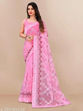 Pink net saree with embroidered solid blouse, Indian traditional attire for free size (5.5m saree length, 0.8m blouse length)
