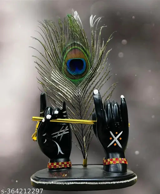 Black resin Krishna figure with peacock feather and flute for home decor, 6 inch height