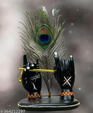 Black resin Krishna figure with peacock feather and flute for home decor, 6 inch height