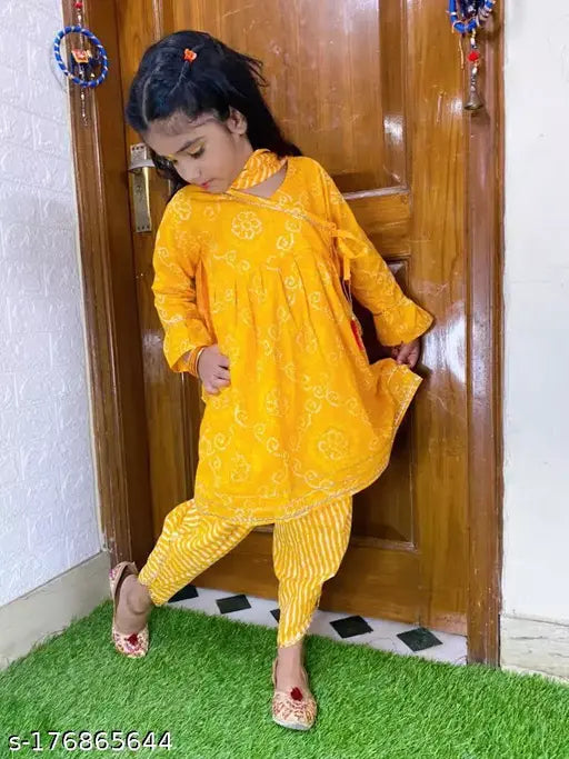 Bandhni cotton peplum dhoti set, A-line kurta & printed dupatta for toddlers (18-24 months), Indian traditional wear with Gota detailing
