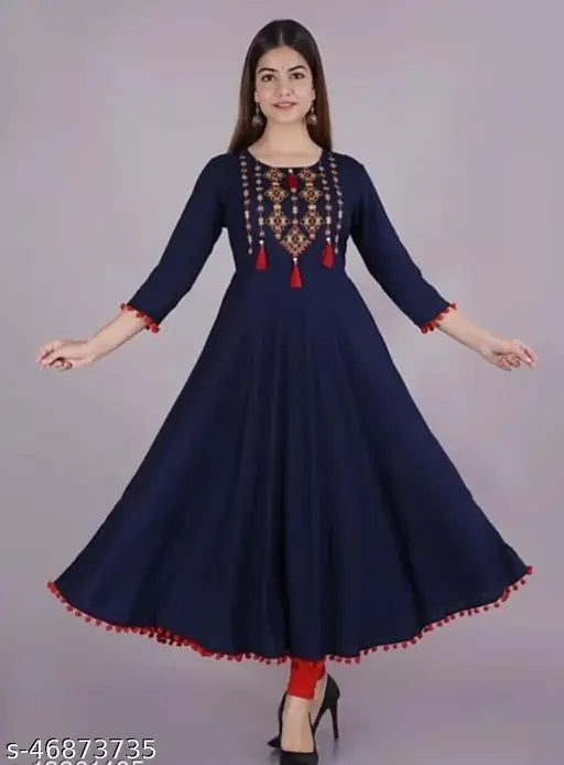 Rayon embroidered blue kurti, three-quarter sleeves, Indian traditional wear, S-XXXL sizes