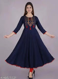 Rayon embroidered blue kurti, three-quarter sleeves, Indian traditional wear, S-XXXL sizes