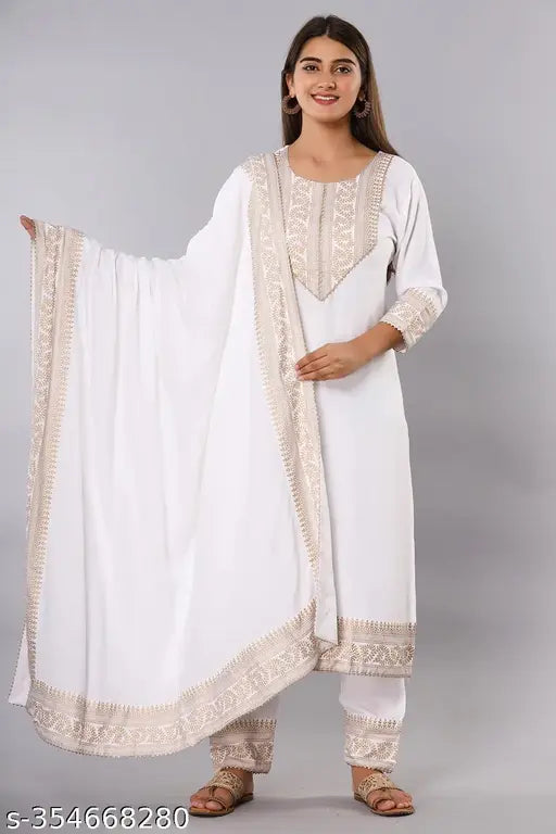 White rayon kurta set with dupatta and bottomwear, solid design for women, Indian ethnic wear on display stand