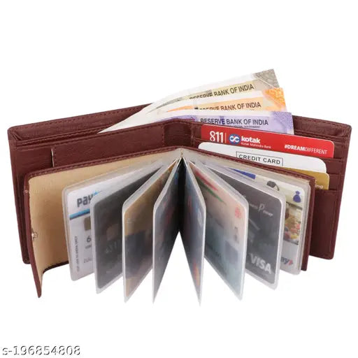 Brown faux leather/leatherette BI Men's wallet, features 10 card slots & secret compartments. A-grade quality, perfect for everyday essentials