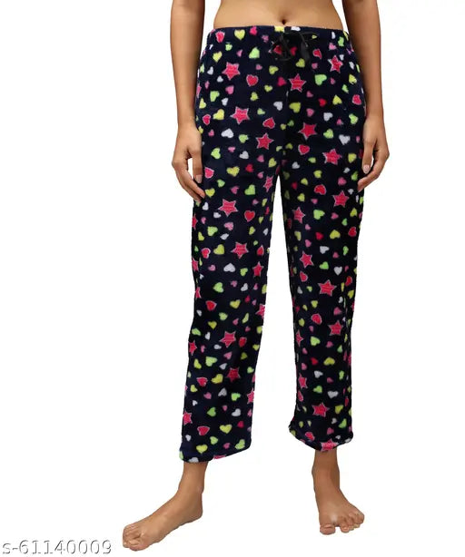 Women's MLXL2XL Winter Woolen-Blend Fleece Fur Core Velvet Printed Night Pyjama Suit Track Pants, warm and stylish