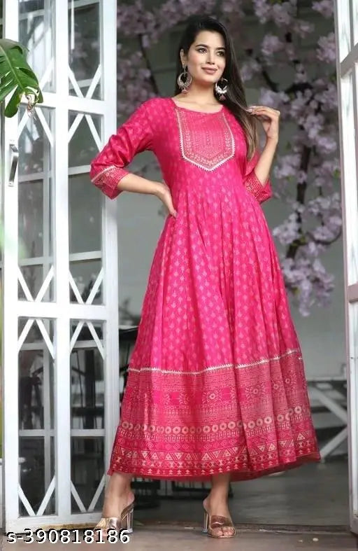 Rayon Anarkali Kurti with Gota work, three-quarter sleeve, printed combo. Traditional Indian women's clothing on mannequin