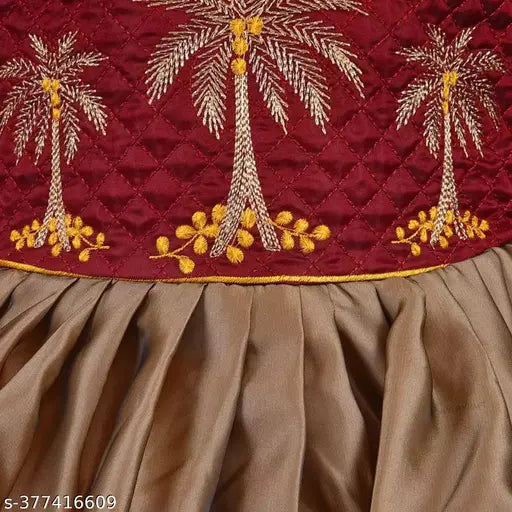 Maroon and brown satin frock dress with gold embroidery for girls, Indian origin