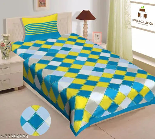 Cotton Urbania Collection checkered single bedsheet & pillow cover featuring Rajasthani print - ideal for adults