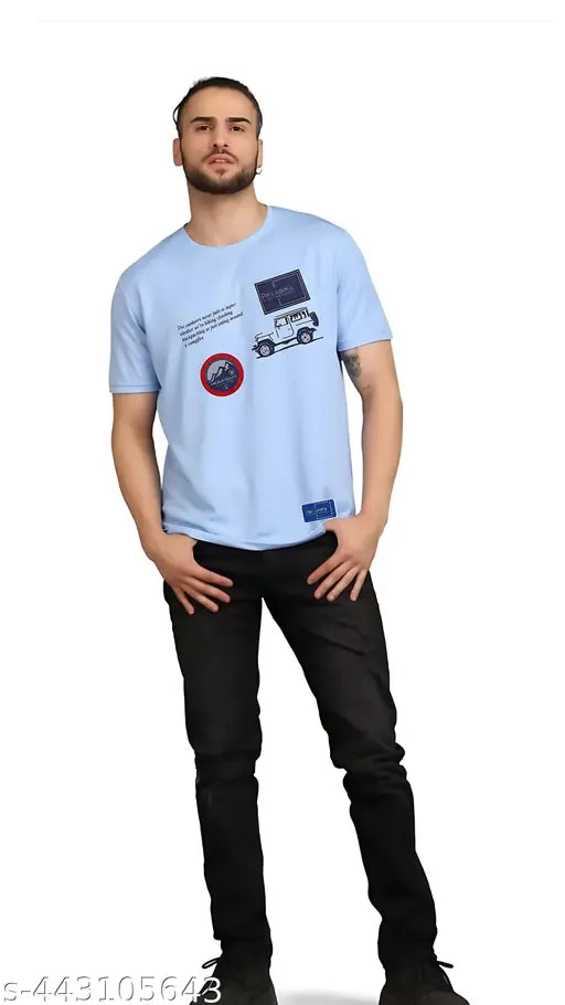 Premium cotton-blend sky blue short sleeve t-shirt with printed design, excellent finishing & printing work