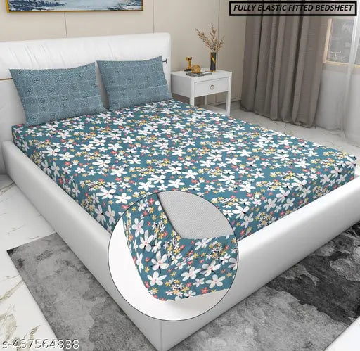 Grey Leaf 100% Pure Cotton Fitted Bedsheets, double bed with all-around elastic for 78x7210 mattress, floral print
