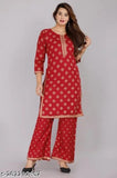 Rayon printed kurti with plazo set, three-quarter sleeves rayon fabric for women's fashion, vibrant printed Indian kurta and palazzos on display