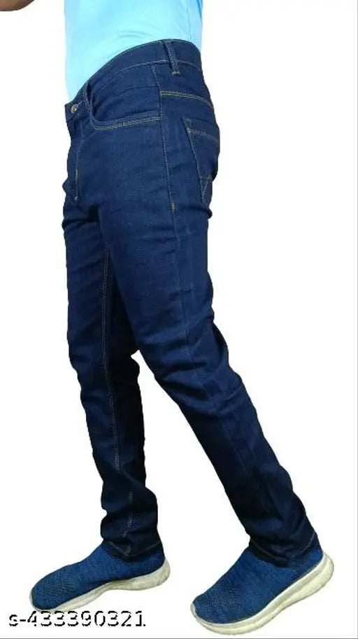 Dark blue stretchable denim jeans for men on hanger, solid pattern, Made in India #MENJEANS_32