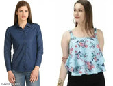Denim shirt and rayon top combo, long sleeves, solid pattern, premium Wingzss branded women's wear, suitable for jeans or trousers, India origin
