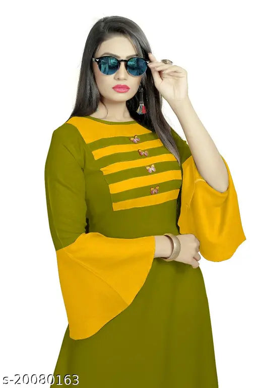 Rayon flared Anarkali long kurti, solid design for women, long-sleeved, India-made