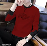 Kids maroon cotton blend printed round neck regular fit full sleeves t-shirt, ideal for boys casual wear, single size available from 4-5 years to 14-15 years