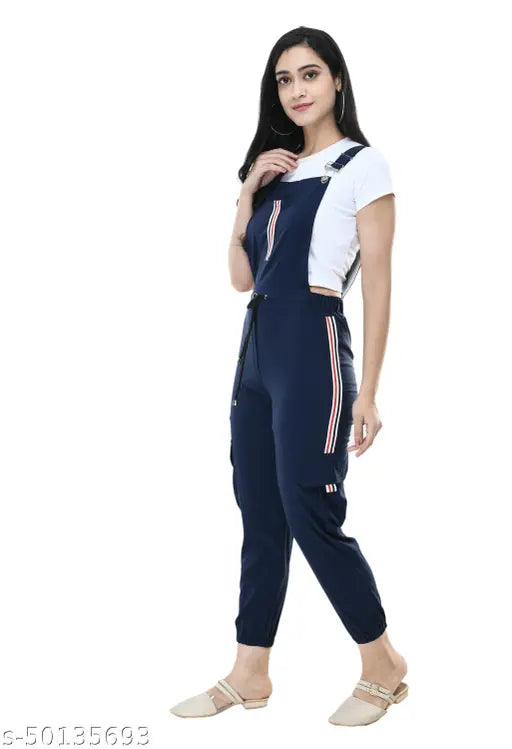 Navy blue striped cotton blend sleeveless jumpsuit for women - Urbane Elegant, trendy and fashionable