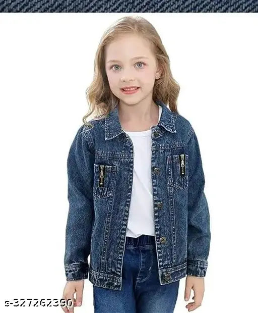 Solid denim, long sleeve girl's jacket - 7-8 years, Indian craftsmanship