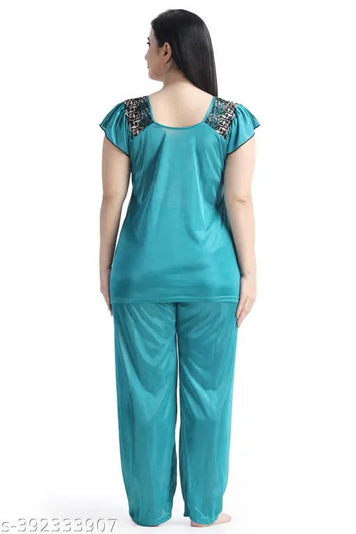 Fashionable satin pyjamas in solid pattern, ideal for sleep, lounge, or honeymoon wear. Made from soft, smooth satin fabric, machine washable