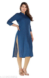 Blue cotton three-quarter sleeve women's sanganeri printed kurti - Jaipur loungewear, India