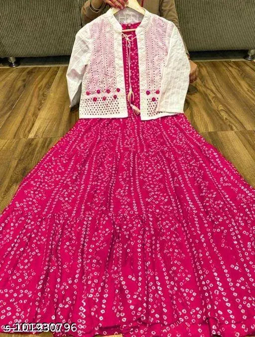 Rayon printed round neck Bandhani kurta and jacket set, 3/4 sleeved Indian women's fashion