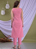 Clothy N Wave Women's cotton blend embroidered straight kurta pant set, sleeveless, solid pattern in various sizes from S to 5XL. Indian-origin cotton blend apparel for women