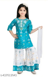 Printed rayon Sharara set for girls with dupatta, A-line top and sharara bottom, comfortable and soft, sizes 5-6 to 8-9 years
