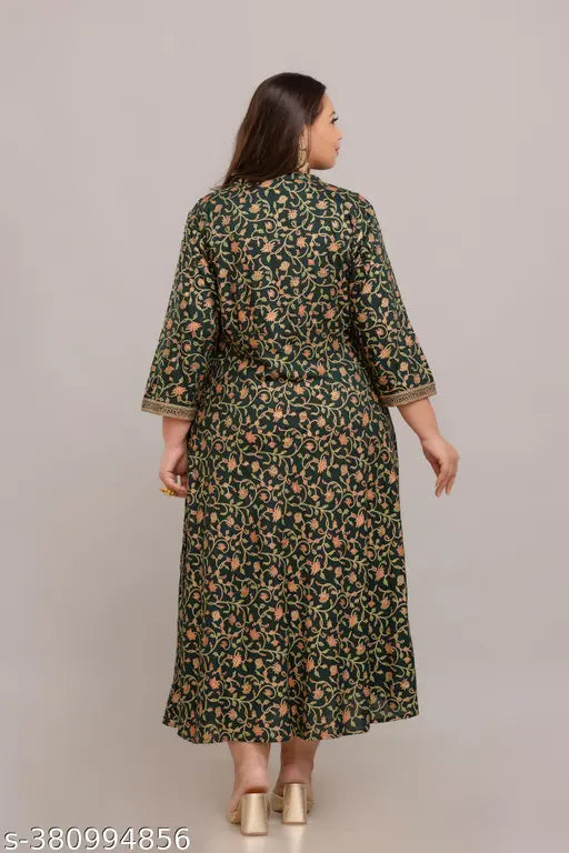 Green rayon plus size gown, three-quarter sleeves, printed combo, India origin