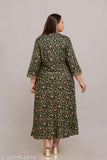 Green rayon plus size gown, three-quarter sleeves, printed combo, India origin