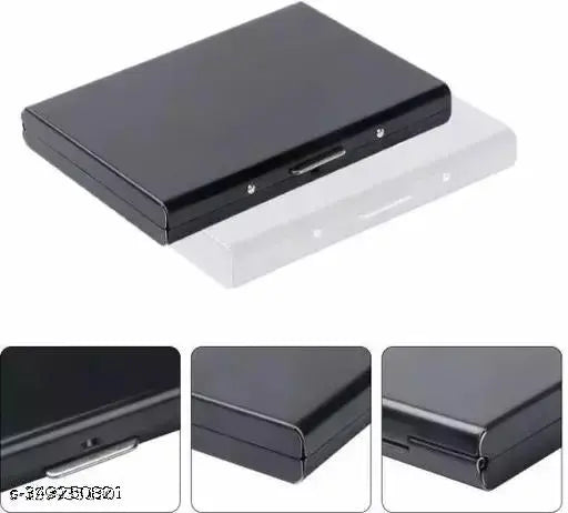 Stainless steel silver business card holder, water-resistant and portable. Sleek, durable, and holds 6 cards + 3 folded bills. Perfect for daily use and travel. Made in India
