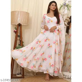 Gayati print georgette gown, long-sleeved, vibrant flower prints, celebration wear - India