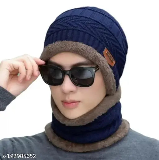 Woolen embellished beanie cap, scarf & touchable gloves - stylish winter accessory for men & women (3pcs, origin India)
