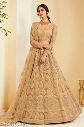 Golden Patlani chain cording lehenga-choli with Zari work (semi-stitched), embroidered net set for traditional Indian bridal wear