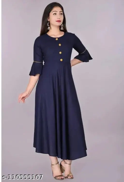 Navy blue rayon three-quarter sleeve Akarsha Anarkali kurti, Indian traditional women's fashion