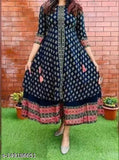 Blue rayon Anarkali dress with gold printed front slit, three-quarter sleeves