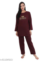 Matelco women's wool nightsuit with printed net design, long sleeves and pyjama style in M or L size (M-40in/30in/32in/38in, L-42in/30in/34in/38in)