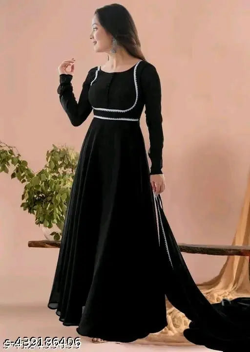 Black lace Georgette kurti with three-quarter sleeves, solid design. Kurti with matching dupatta on mannequin