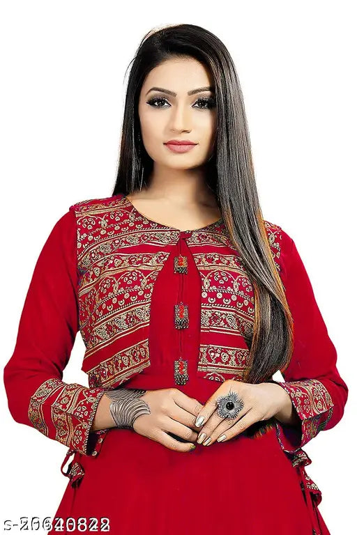 Rayon long-sleeve kurti, solid color, Indian handcrafted fashion wear for women - M size (bust: 38in)