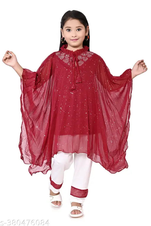 Red ethnic kids clothing set, cotton blend anarkali pyjamas with embellished long sleeves, size 2-3 years and 5-6 years