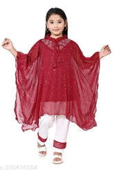 Red ethnic kids clothing set, cotton blend anarkali pyjamas with embellished long sleeves, for ages 2-3 & 5-6 years, Indian traditional wear
