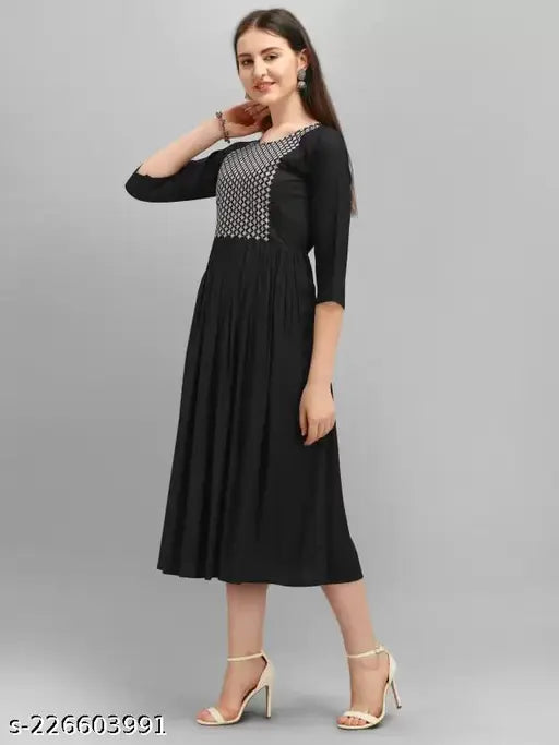 Viscose Rayon Women's Solid Embroidery Kurti - Three-Quarter Sleeves, Available in 5 Sizes (S:36, M:38, L:40, XL:42, XXL:44)