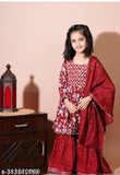 Rayon anarkali kurta suit set with embroidered patterns, maroon color for beautiful girls, sharara bottom style, sizes 5-6, 7-8, 9-10, 11-12 years, India origin