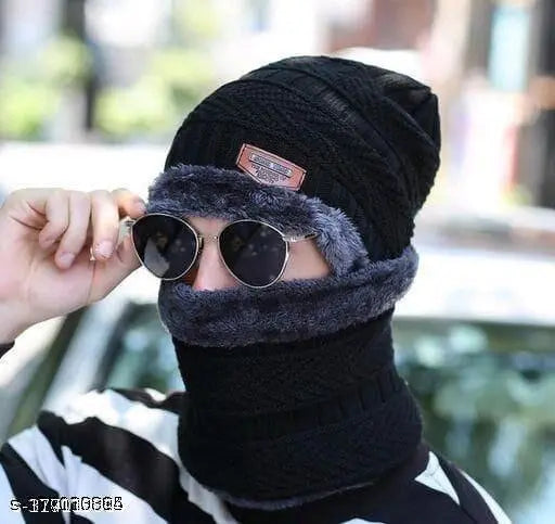 Men's wool cap set, fur patterned, one size, handcrafted Indian caps