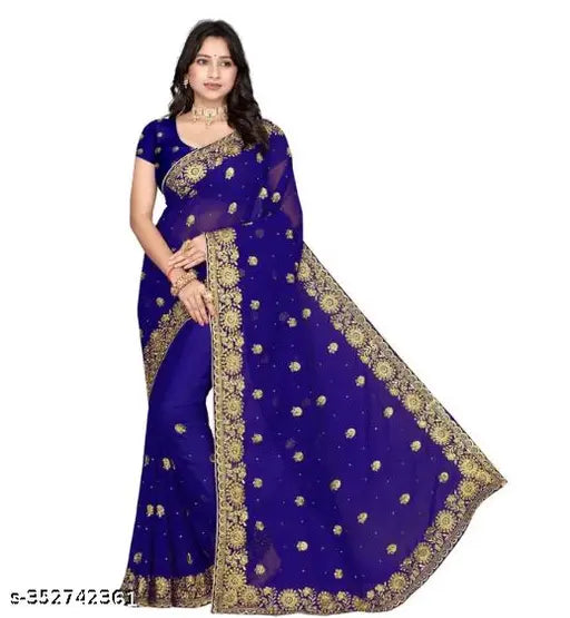 Georgette saree with heavy embroidery and full stone handwork, Indian bridal wear