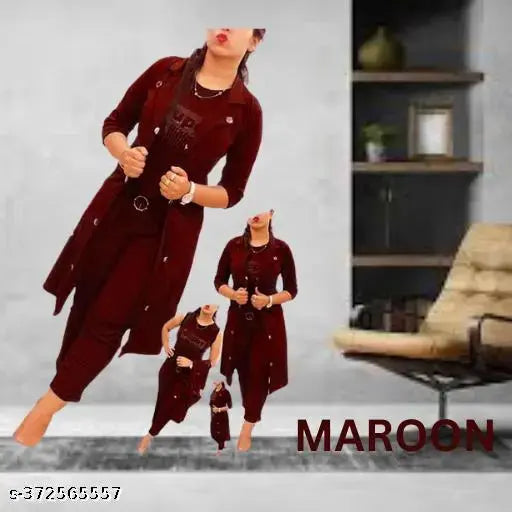 Beautiful 3-pc women's ethnic midi dress set in polyester, cotton lycra blend. Soft, flowy material, perfect for parties and events. Indian origin