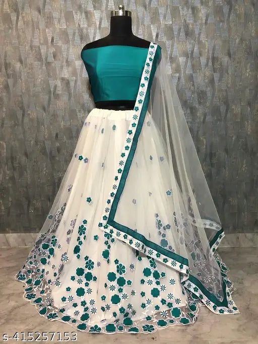 Silk and net Bollywood-inspired semi-stitched lehenga choli with embroidered dupatta, India origin