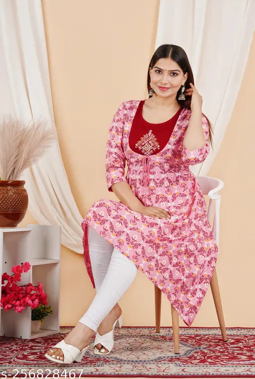 Rayon floral embroidered flared kurta, three-quarter sleeves, Indian printed combo - M, L, XL, XXL