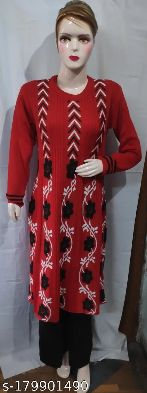 Woolen kurti with long sleeves, printed combo, free size (bust 40in, length 42in), frock style, made in India